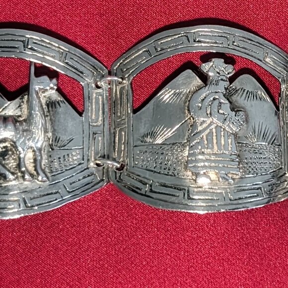 Estate Vintage Peruvian Lama Sterling Silver Five Panel Cuff Bracelet - Picture 6 of 10
